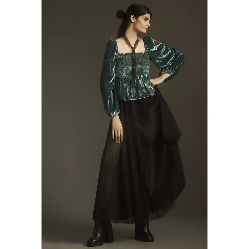 Anthropologie Long-Sleeve Velvet Blouse Green Luxe Cutwork Top NWT